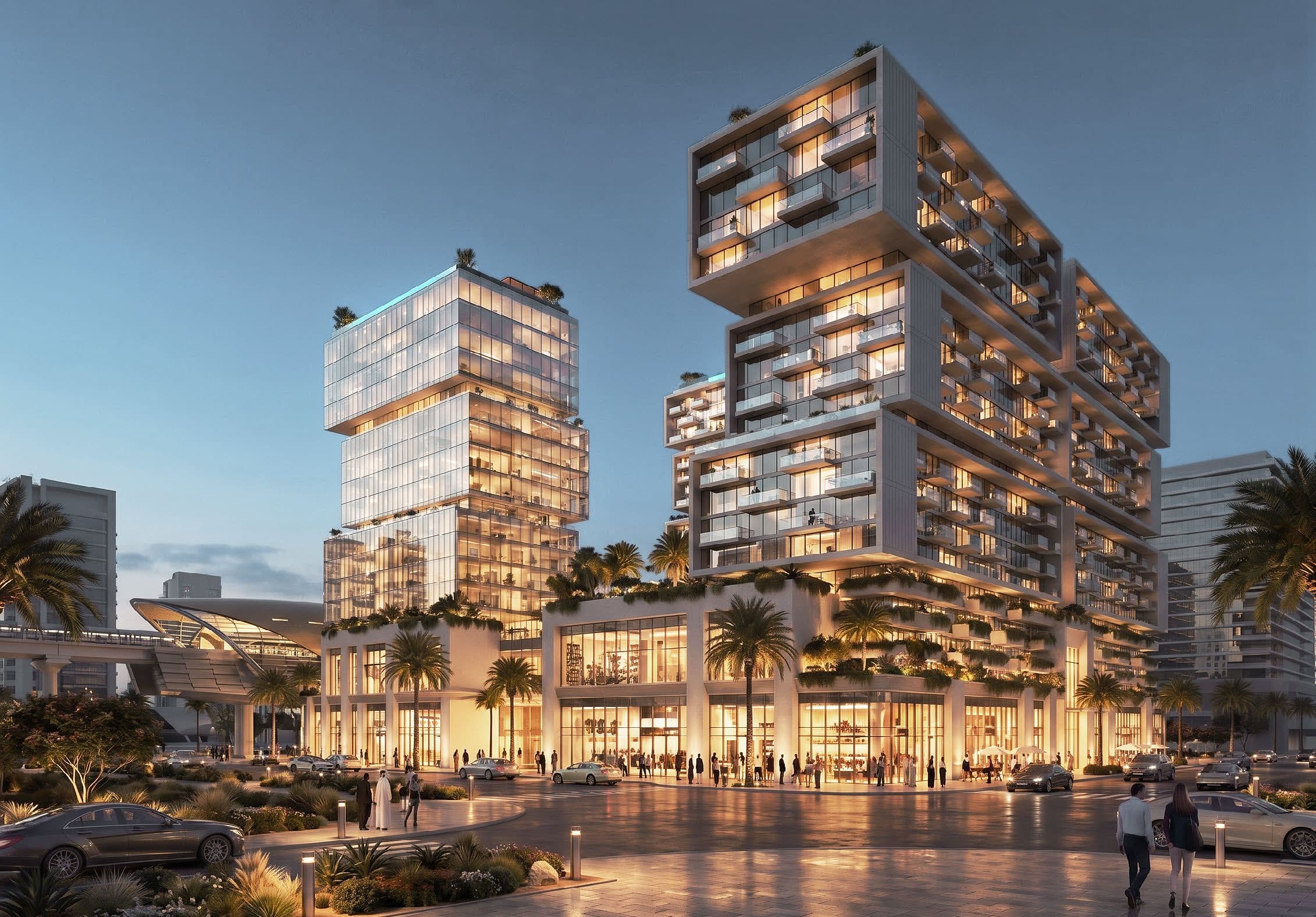 Raw District by Imtiaz - Exterior night render with retail promenade